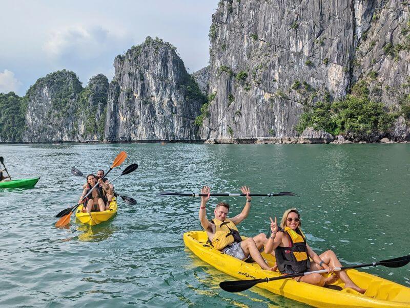 Tourists enjoy kayaking on Lan Ha Bay.