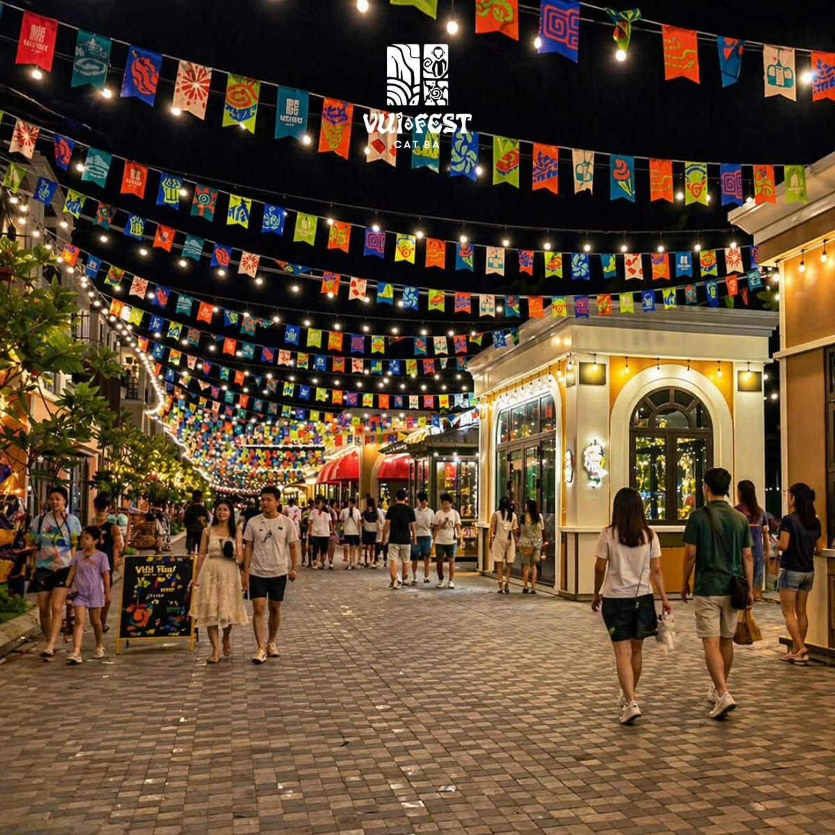 Chợ đêm VUI-Fest Cát Bà rực rỡ ánh sáng và ngập tràn không khí lễ hội.