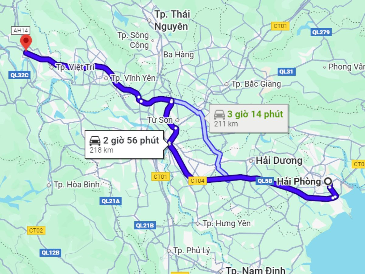 Khoảng cách từ Phú Thọ đi Hải Phòng khoảng 220 km