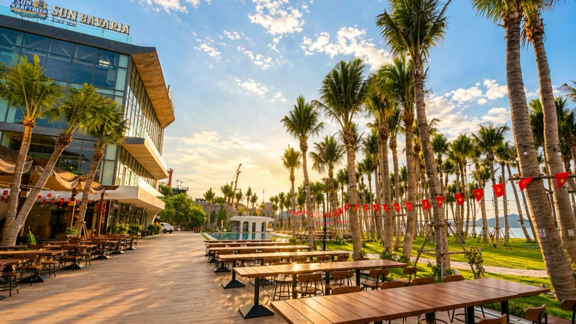 Sun Bavaria Cat Ba features distinctive Bavarian-inspired architecture against the backdrop of Cat Ba's sea and islands