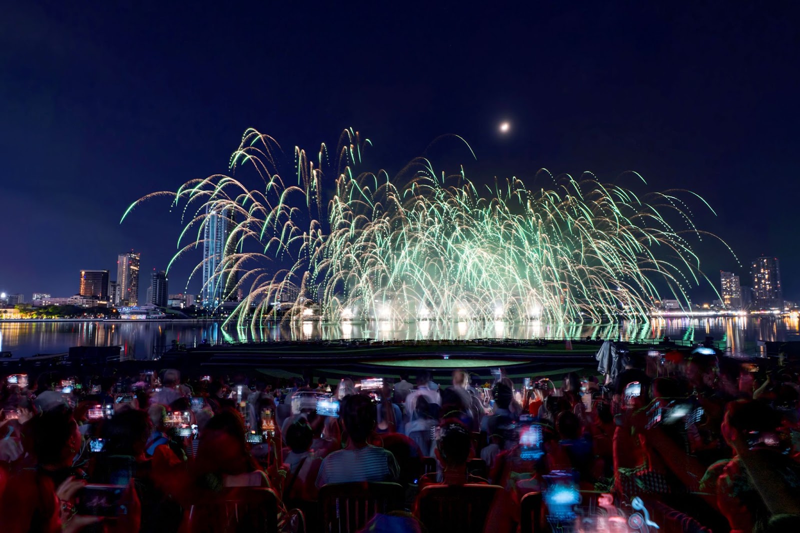 Fireworks lighting up the Han River, the grand finale after a lively night market experience