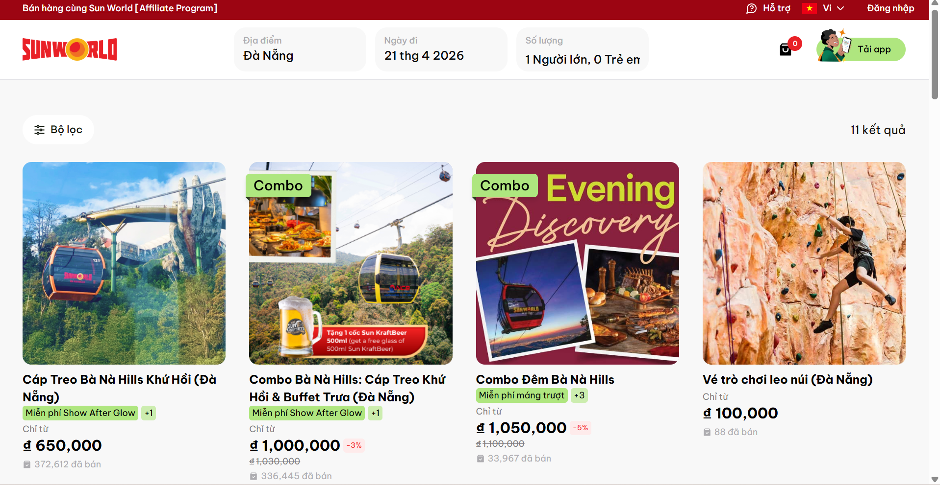 Giao diện mua vé loạt combo đáng mua cho hành trình khám phá Sun World Ba Na Hills