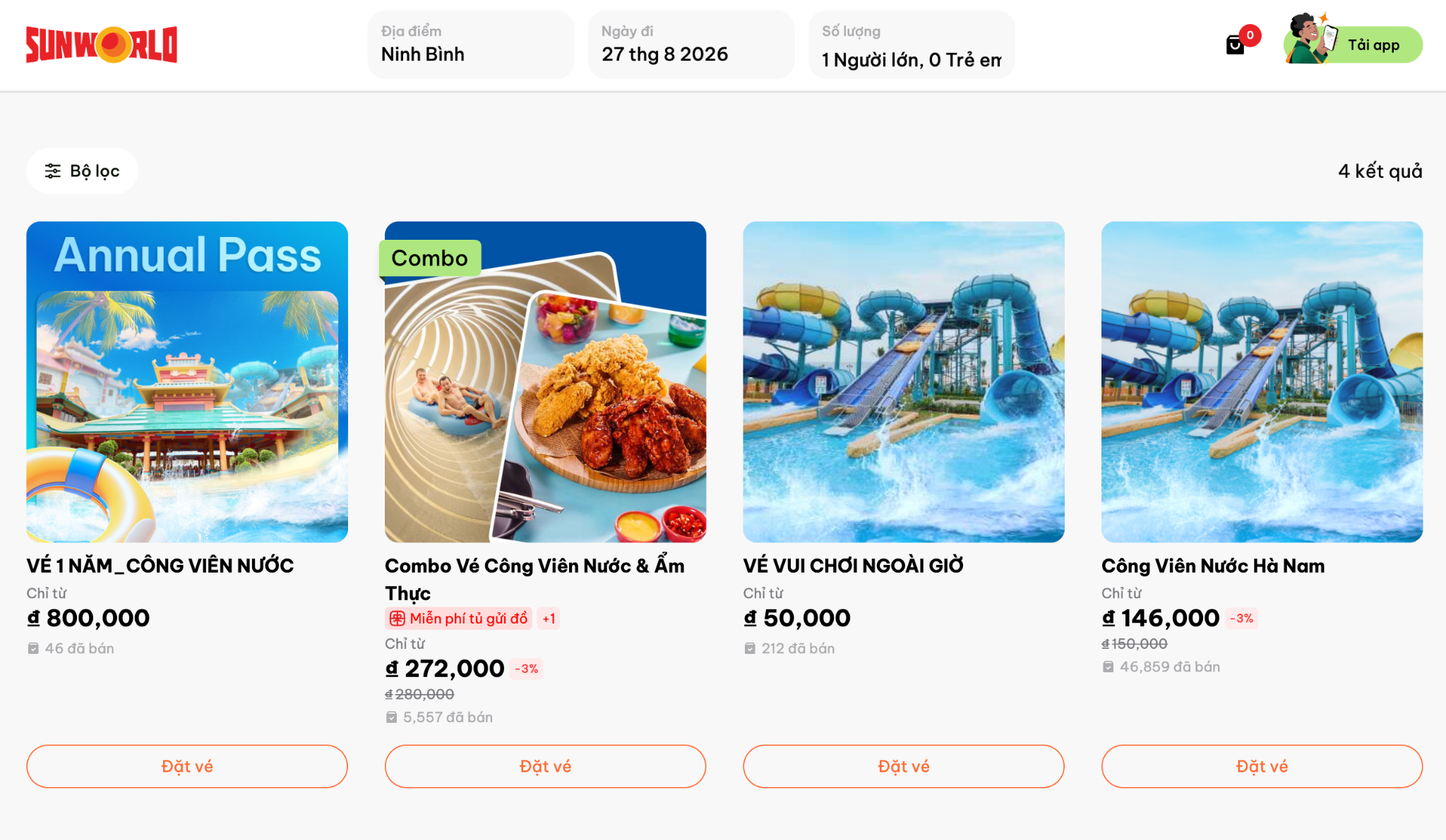 Các hạng vé phổ biến tại Sun World Ha Nam. (Nguồn: Sưu tầm)