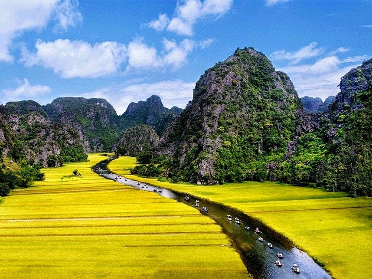 Tam Cốc nổi bật với dòng sông Ngô Đồng uốn lượn giữa núi đá và đồng lúa. (Nguồn: Sưu tầm)