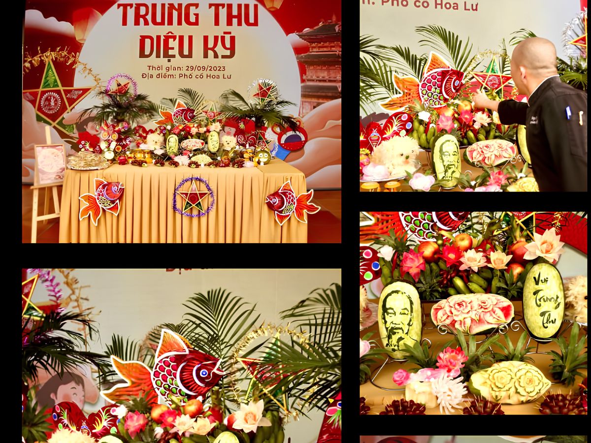 Mâm cỗ Trung thu rực rỡ sắc màu với nhiều loại hoa quả được tạo hình khéo léo, mang đậm không khí lễ hội truyền thống. (Nguồn: Sưu tầm)