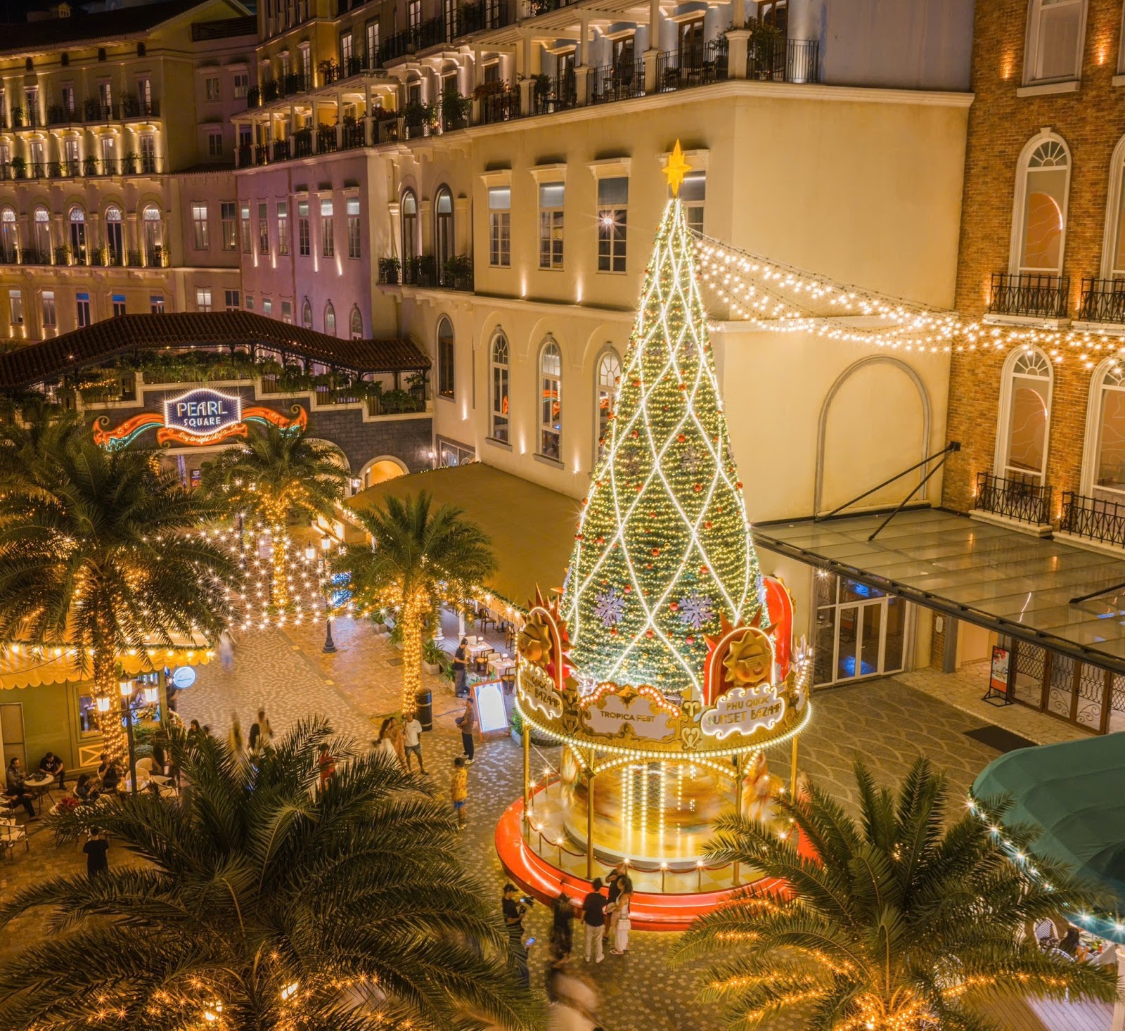 Cây thông giáng sinh rực rỡ tại Sunset Bazaar