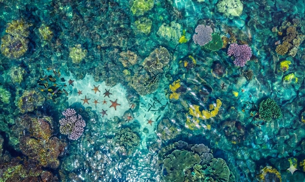 Pristine coral formations and starfish thrive in the shallow waters of Rach Vem