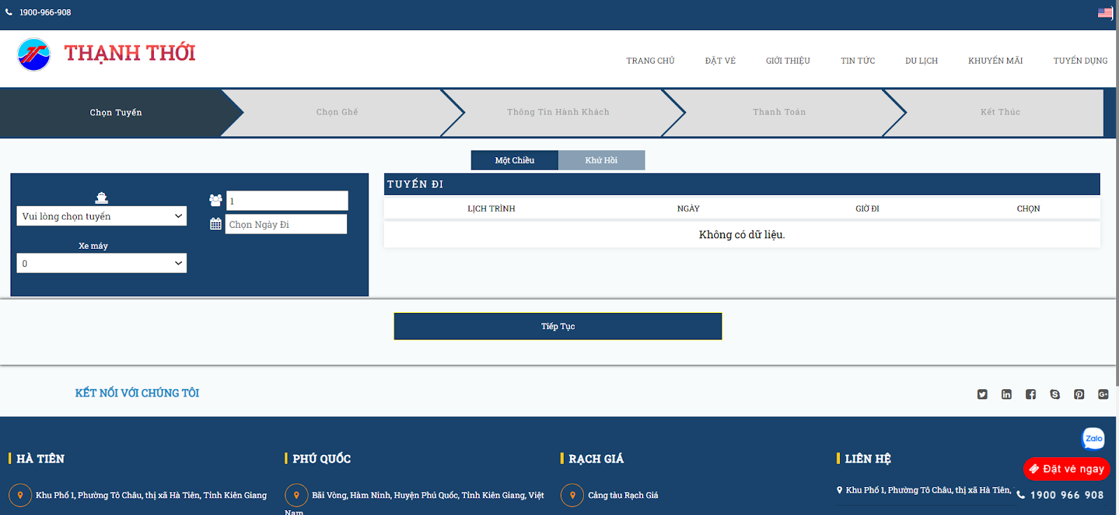 Giao diện đặt vé phà Rạch Giá Phú Quốc online