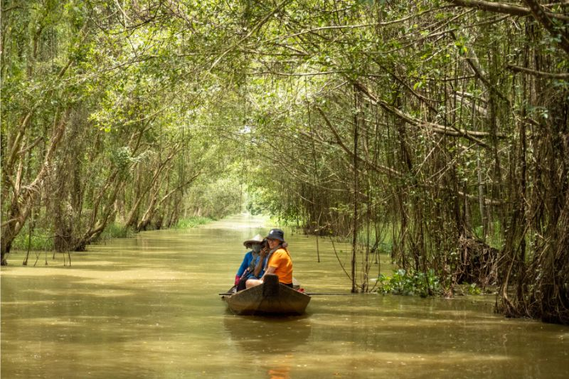 Ngồi trên xuồng ngắm cảnh rừng ngập mặn là trải nghiệm được nhiều du khách yêu thích