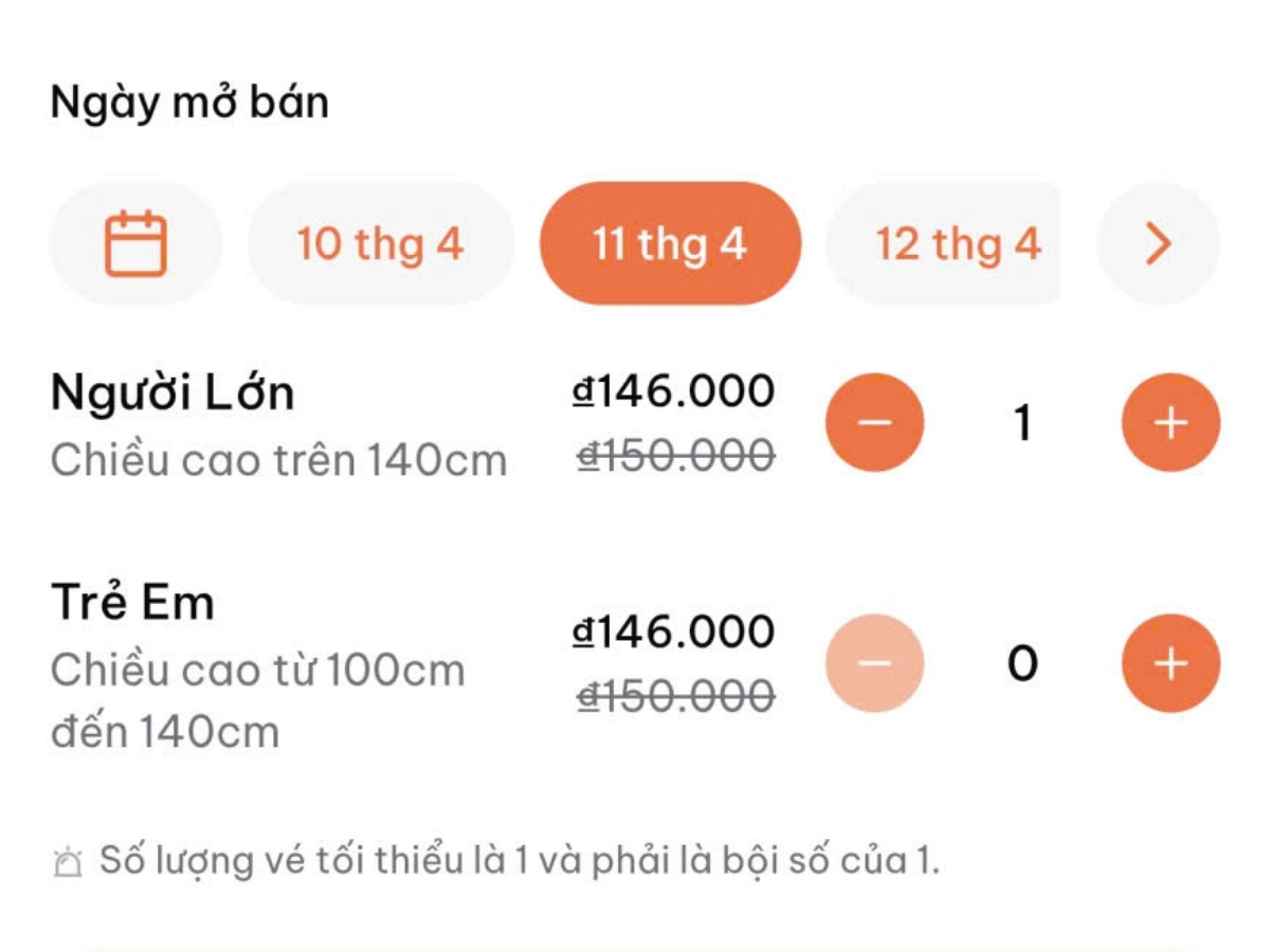 Sau khi chọn được loại vé phù hợp, bạn tiến hành đặt vé bằng cách chọn ngày sử dụng và số lượng vé tương ứng với nhu cầu