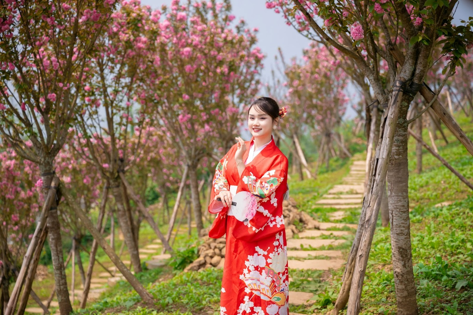 Du khách chụp ảnh hoa đào tại Sun World Fansipan Legend