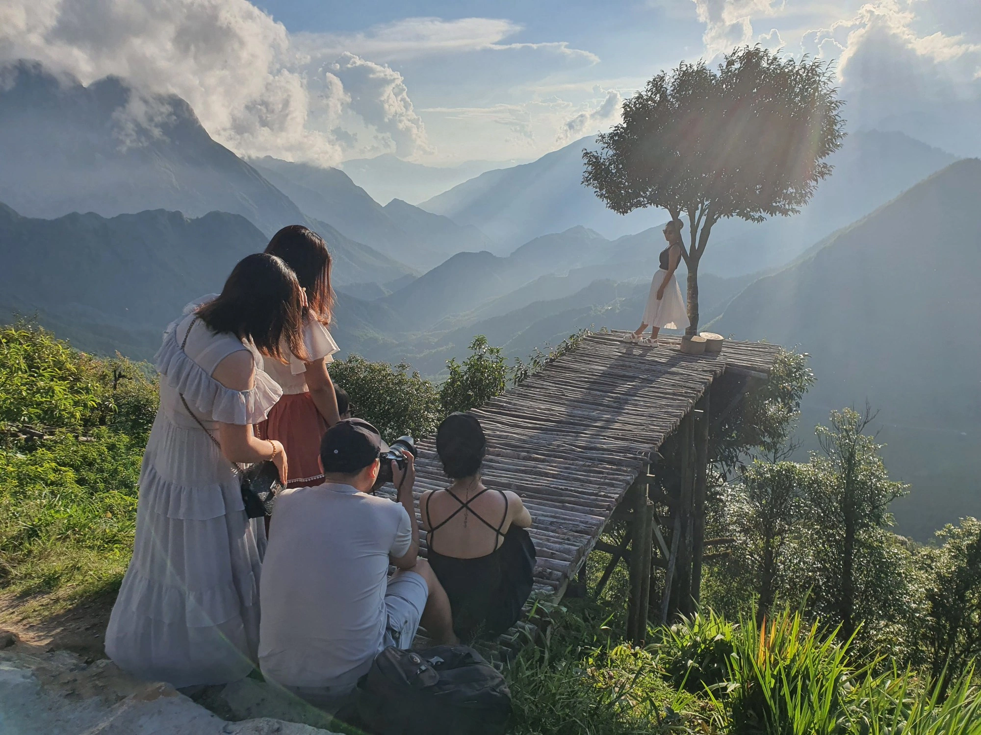 Khung cảnh mây trôi, ánh nắng chiều và hình ảnh cây cô đơn nổi bật giữa không gian núi rừng.
