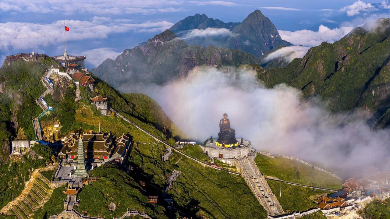 Massive Buddhist structures atop Fansipan mountain. (