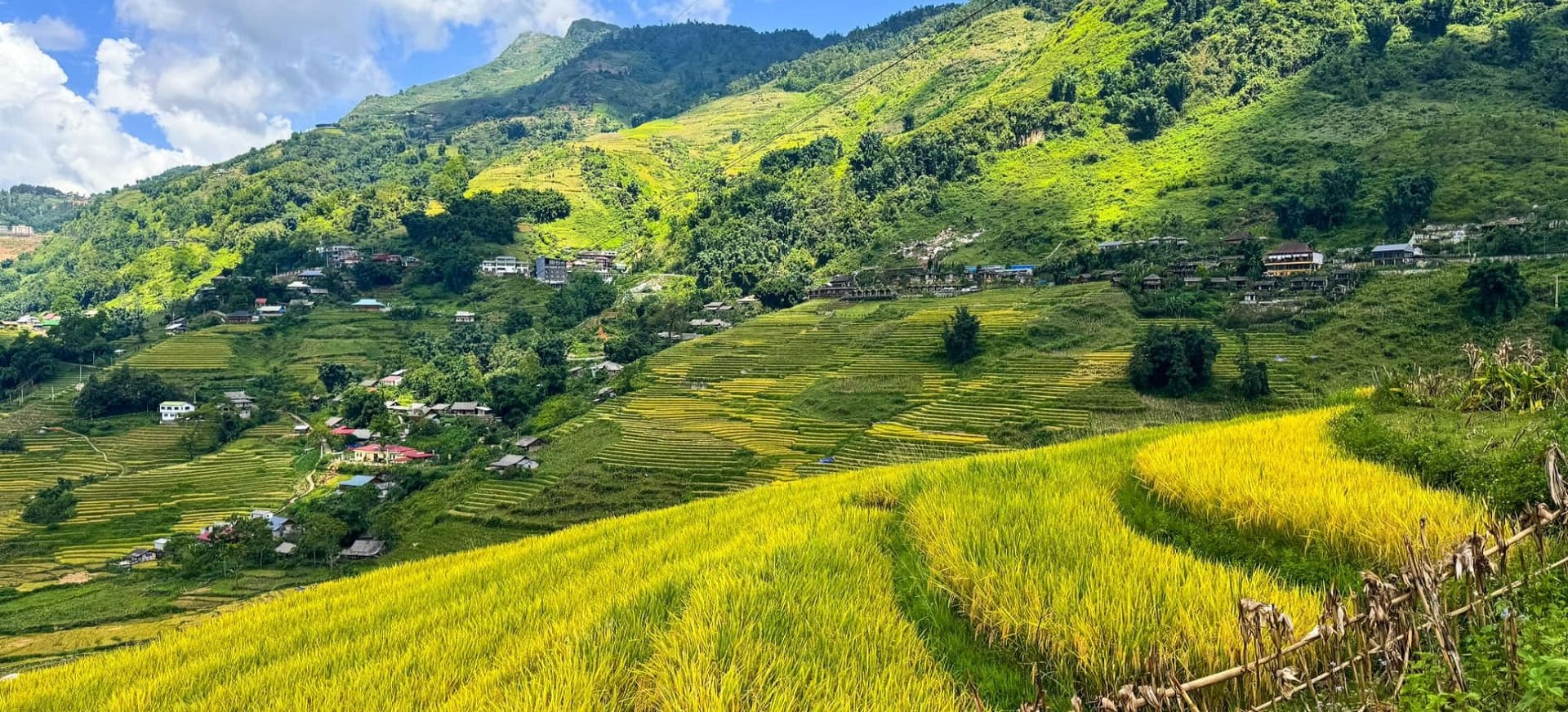 Lush green terraced rice fields stretch across the Muong Hoa valley.