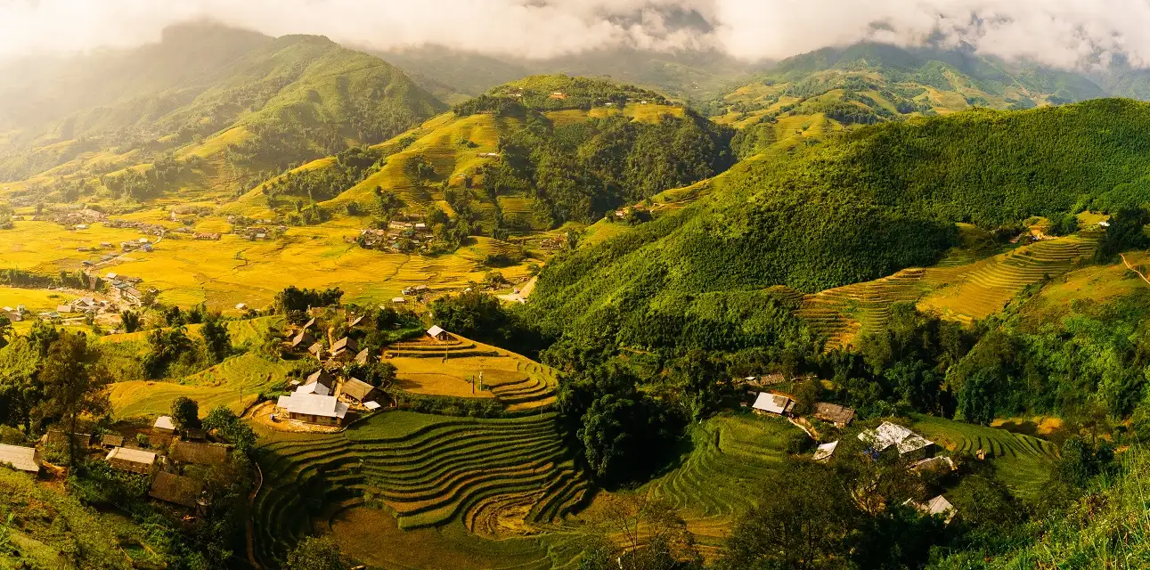 A peaceful village nestled amidst lush green terraced rice fields.