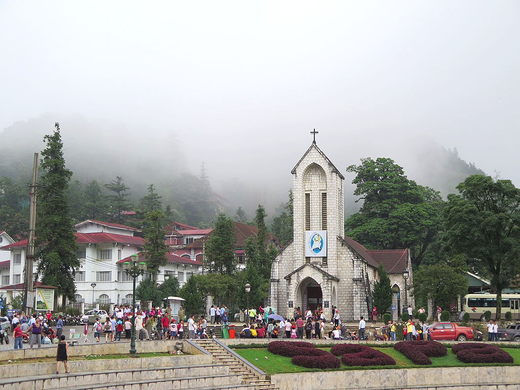 The stone church is a prominent check-in point located right in the Sa Pa square area