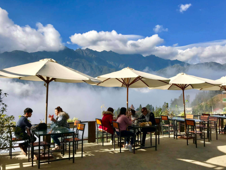 Fansipan Terrace Cafe & Homestay gây ấn tượng với không gian mộc mạc, tràn ngập cây xanh và hoa cỏ.