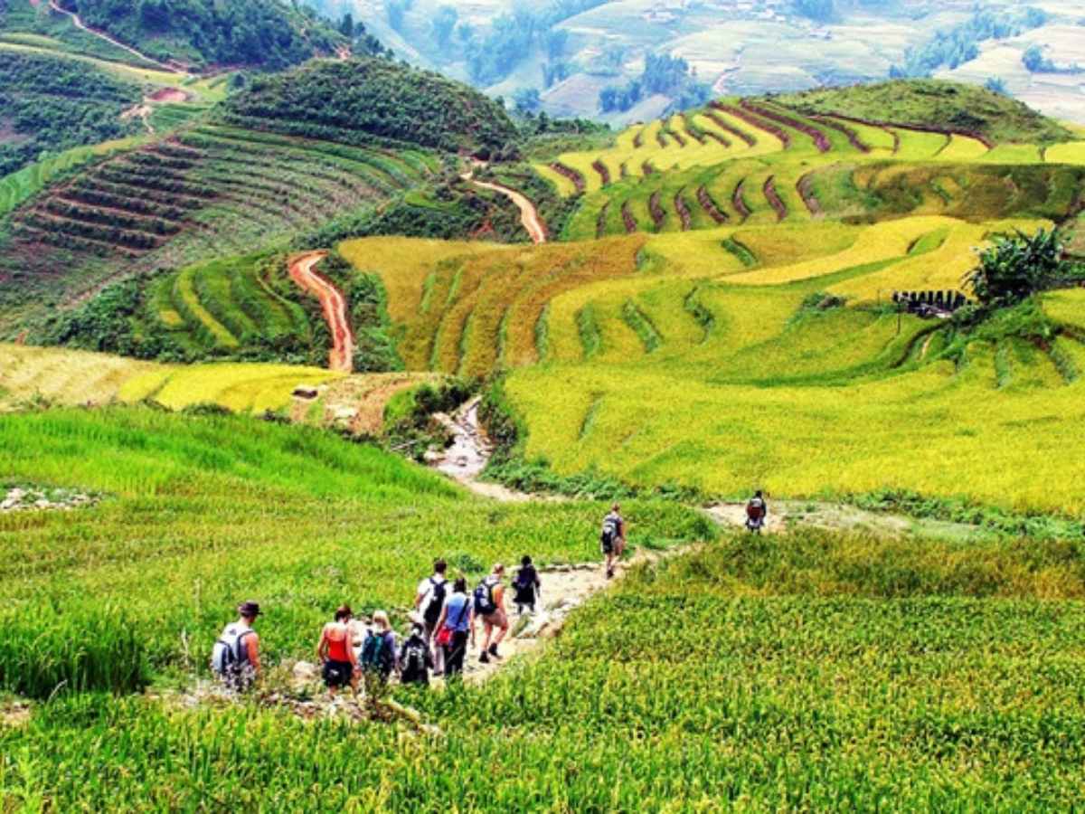 Du khách trekking khám phá ruộng bậc thang trong tiết trời mùa hè dễ chịu.