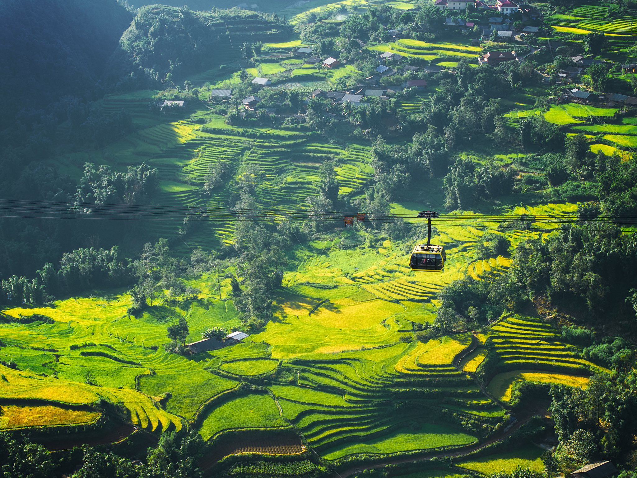 Cabin cáp treo đưa du khách băng qua thung lũng Mường Hoa và ruộng bậc thang Tây Bắc.