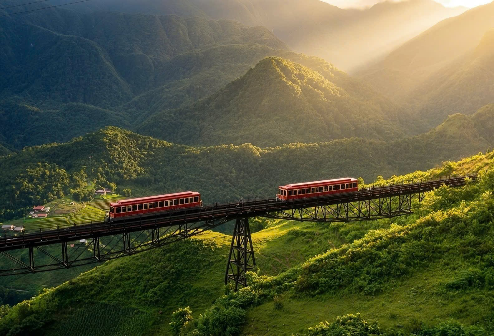 Toa tàu hoả Mường Hoa với thiết kế màu đỏ rực rỡ, đưa du khách băng qua thung lũng thơ mộng.