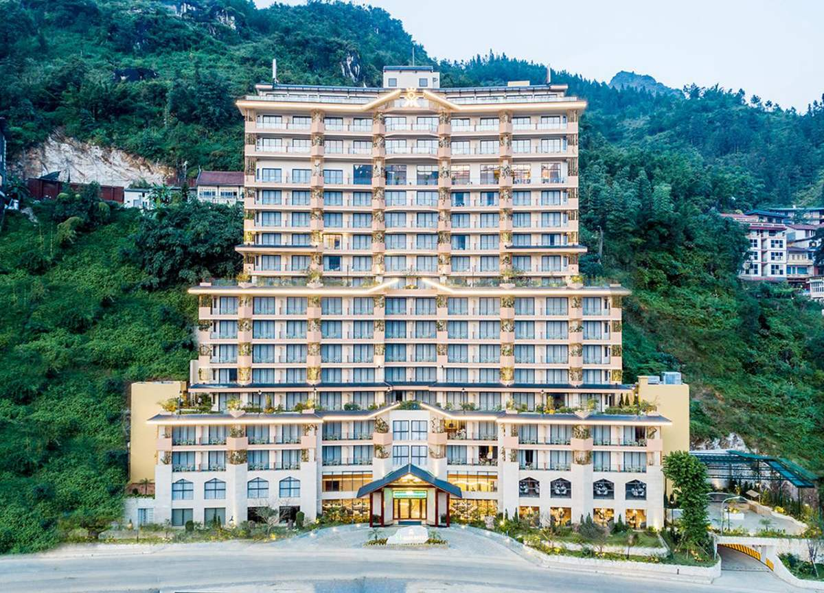 A panoramic view of the exterior of the KK Sapa Hotel