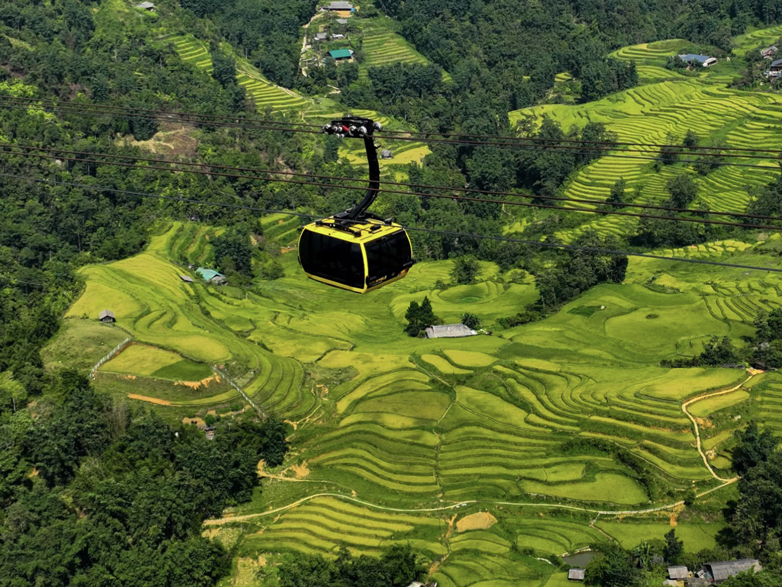 Cabin cáp treo đưa du khách băng qua thung lũng Mường Hoa.