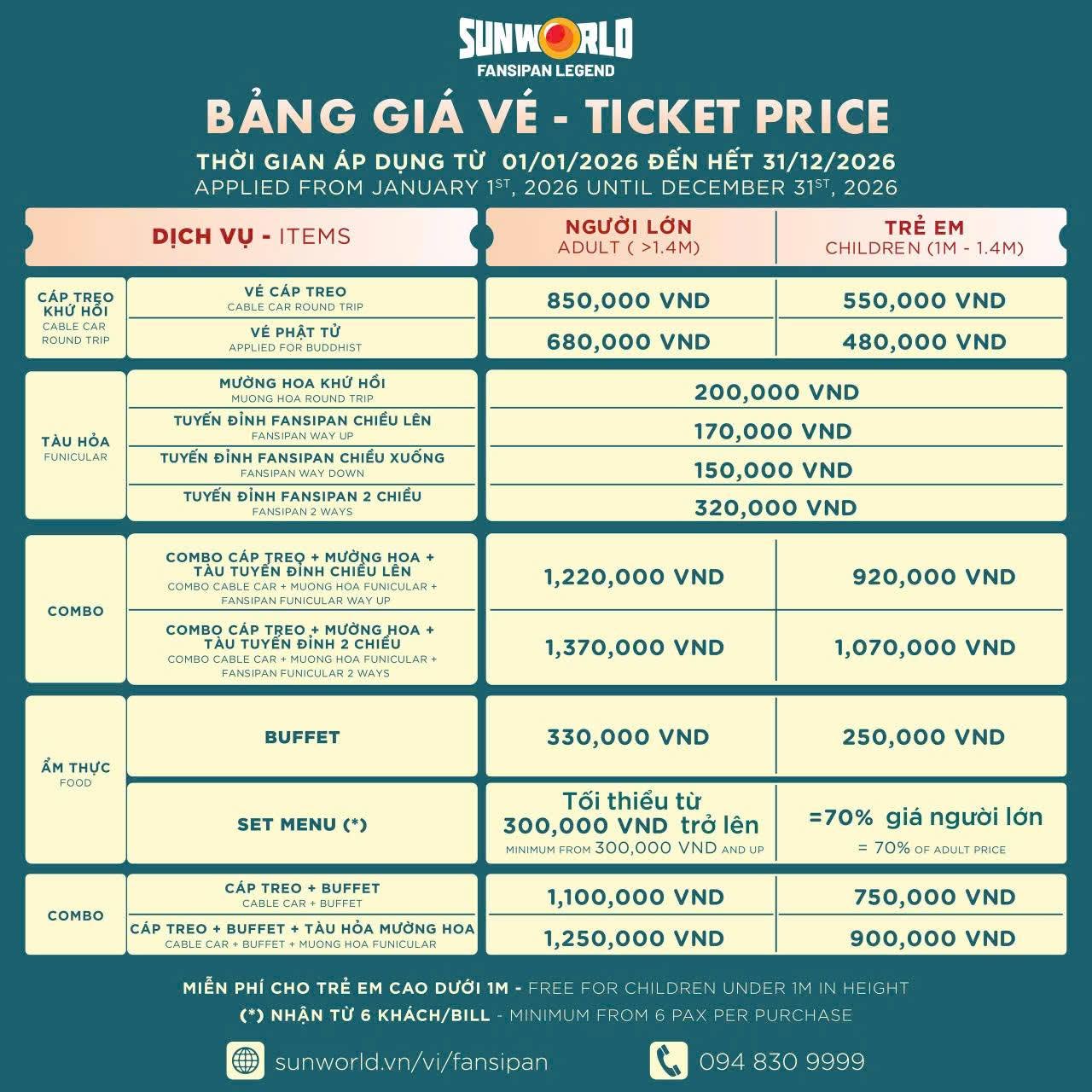 Bảng giá vé Sun World Fansipan Legend áp dụng năm 2026.