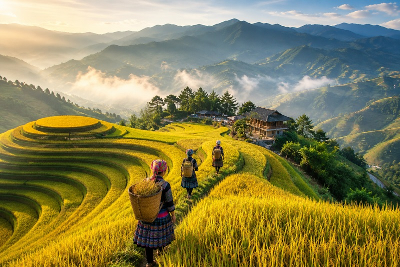 Ruộng bậc thang vào mùa lúa chín tạo nên những dải màu vàng nổi bật giữa núi rừng Sa Pa.
