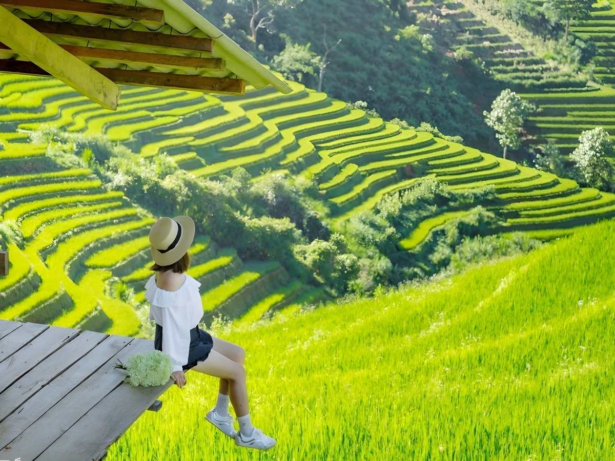 Du khách chiêm ngưỡng ruộng bậc thang Mù Cang Chải phản chiếu ánh sáng trên sườn núi. (Nguồn: Sưu tầm)