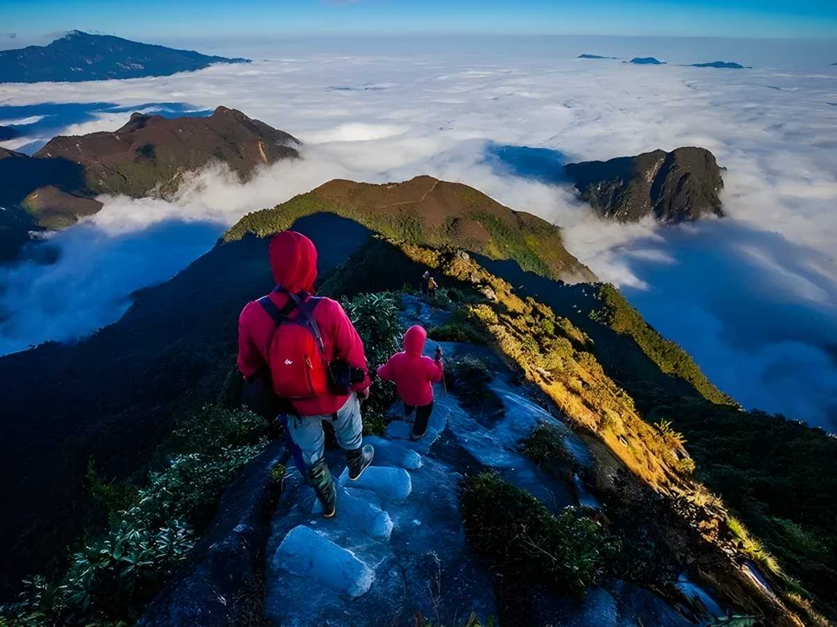 Du khách săn mây trên sống lưng khủng long Tà Xùa với biển mây trắng trải dài núi non. (Nguồn: Sưu tầm)