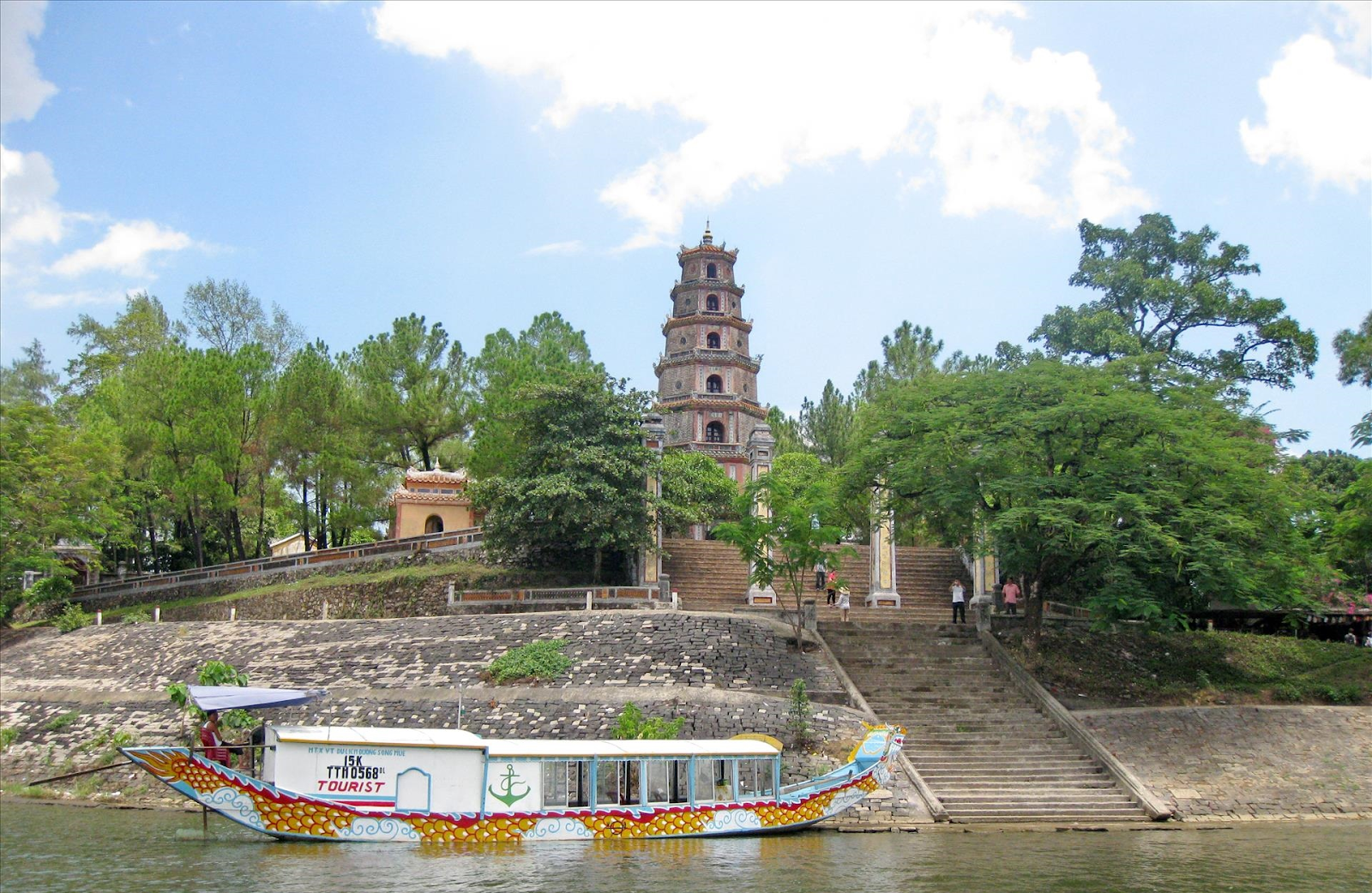 A boat dock in front of Thien Mu Pagoda offers riverside trips on the Perfume River