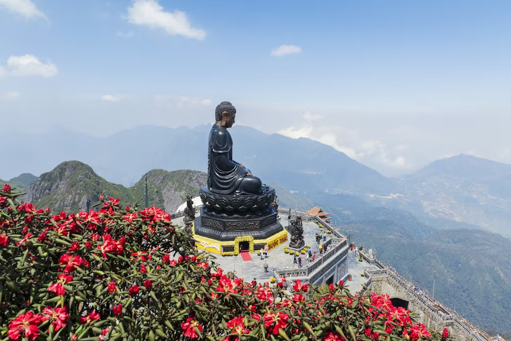 The iconic Buddha statue rises above the clouds, framed by vibrant mountain flowers below