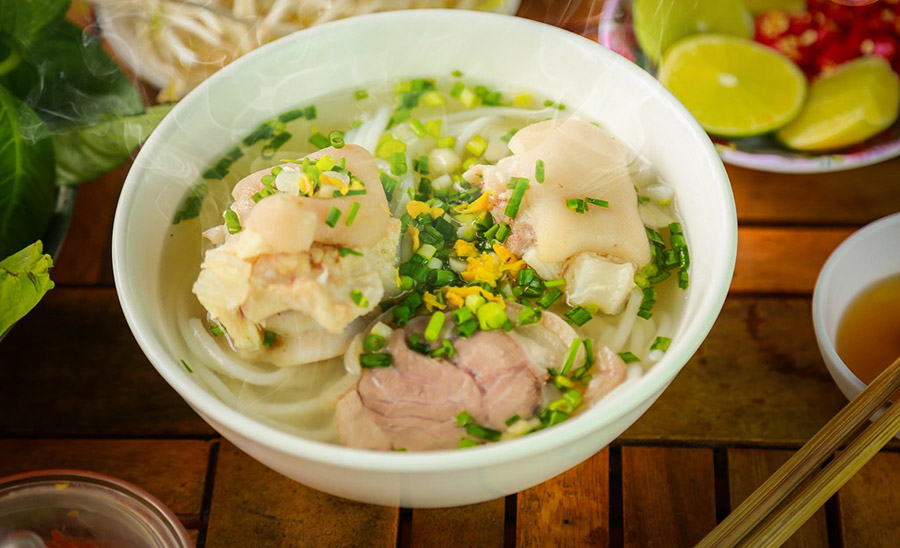 The famous Banh Canh dish of Tay Ninh is served at Hoa Binh Market.