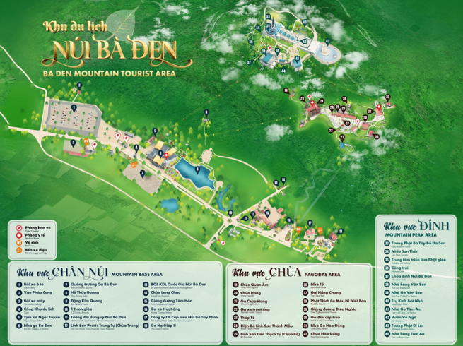 Map describing the areas and attractions at Ba Den Mountain