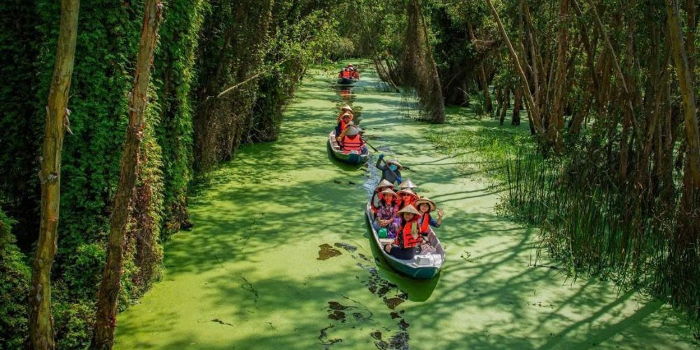 Làng nổi Tân Lập là khu du lịch sinh thái nổi tiếng với hệ sinh thái rừng tràm xanh mát.