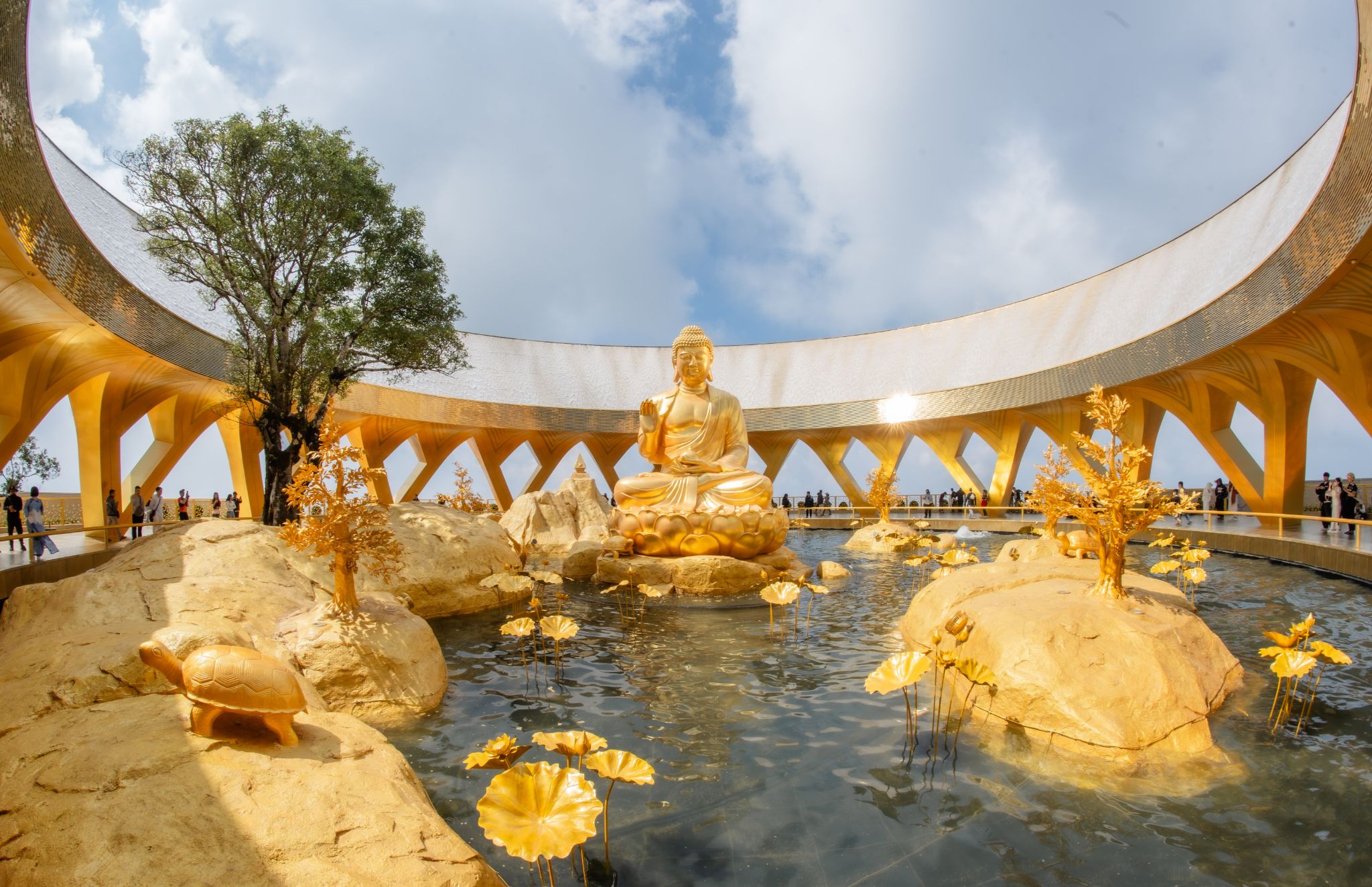 Intricate spiritual artworks offer a serene atmosphere for pilgrims and travelers