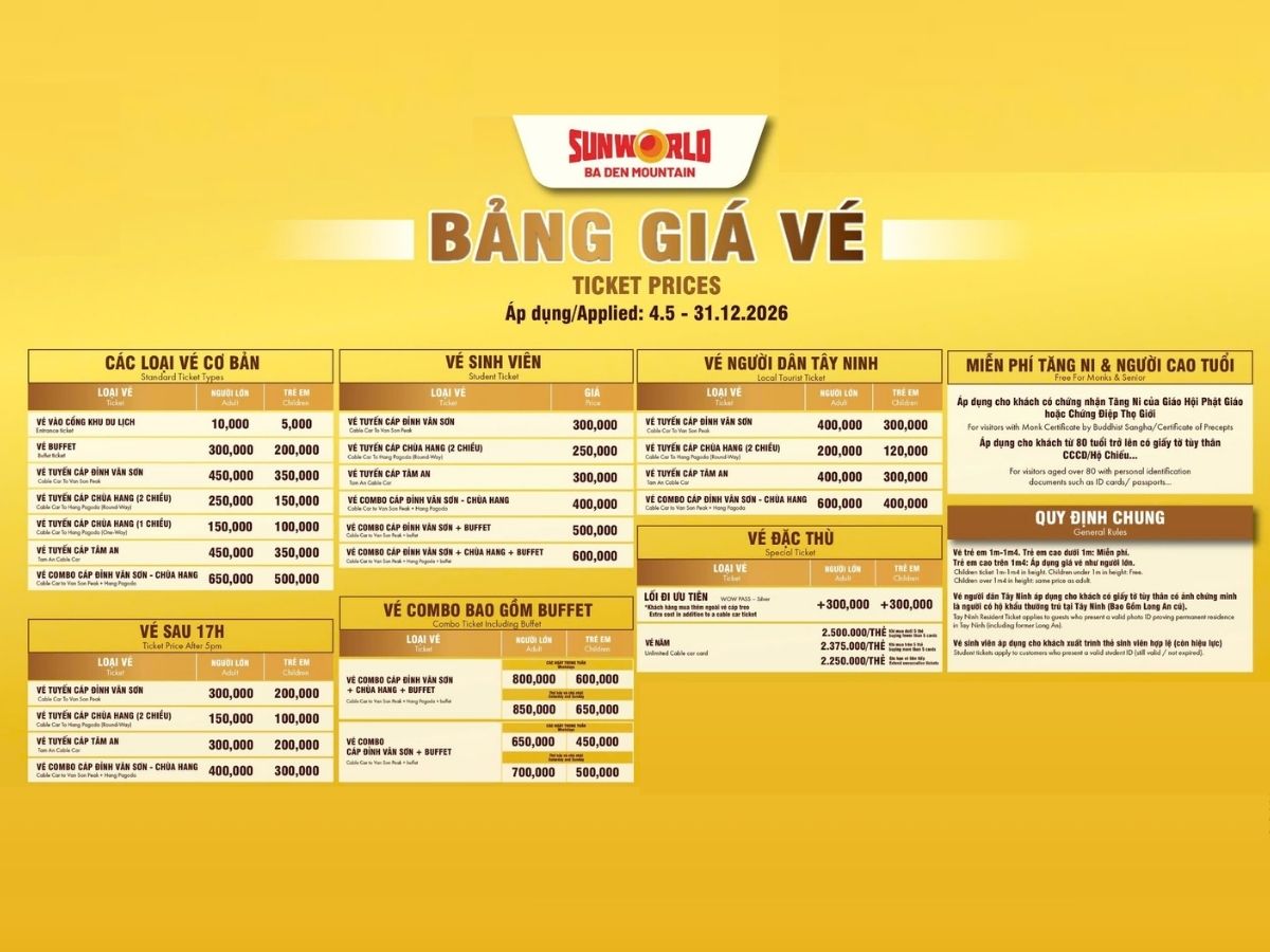 Bảng giá vé cáp treo Núi Bà Đen áp dụng trong năm 2026.