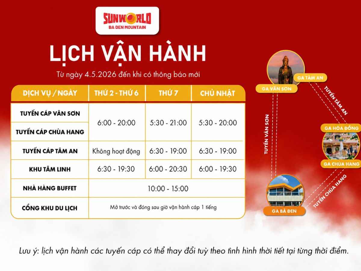 Lịch vận hành các tuyến cáp treo và khu dịch vụ tại Núi Bà Đen