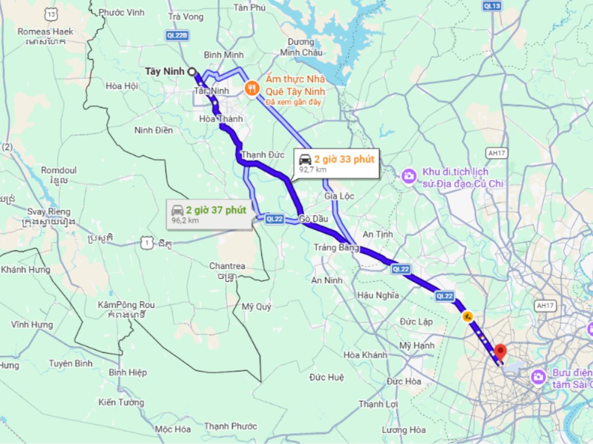 Quãng đường đến trung tâm Tây Ninh khoảng 90–100 km