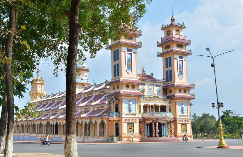 The Cao Dai Holy See is a religious structure with striking architecture in Tay Nin