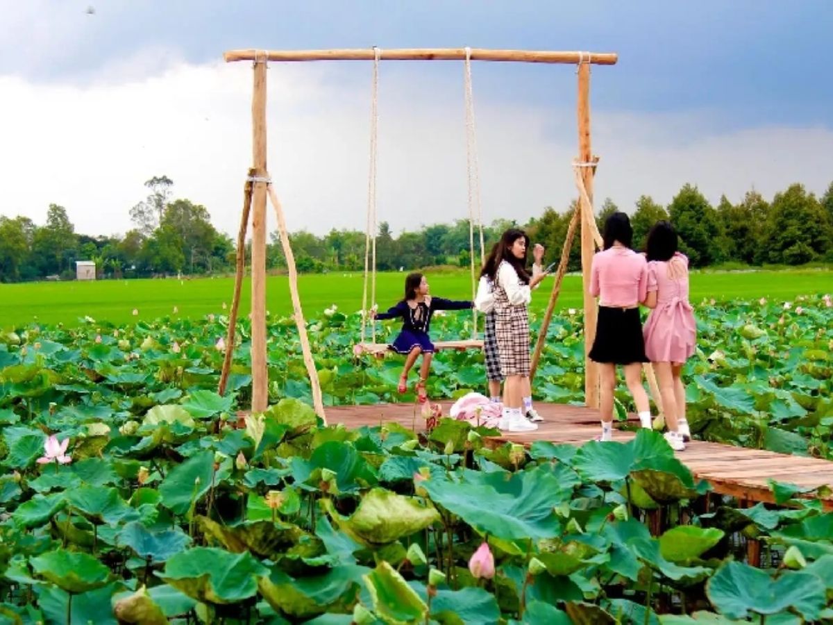 Du khách tại đồng sen rộng lớn của vùng Đồng Tháp Mười.