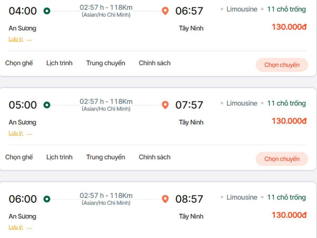 Giá vé tham khảo di chuyển từ TP.HCM tới Tây Ninh của nhà xe Phương Trang