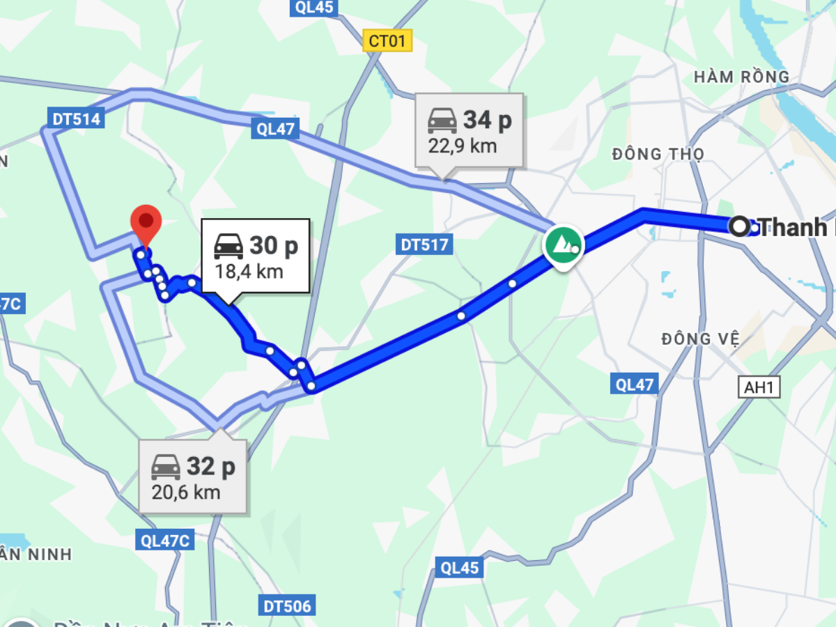 Hướng dẫn di chuyển từ trung tâm Thanh Hóa tới bãi cò Tiến Nông.