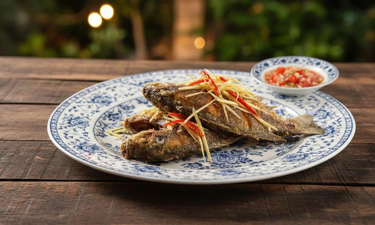 Cá rô Đầm Sét được chiên vàng, ăn cùng nước chấm mắm chanh ớt.
