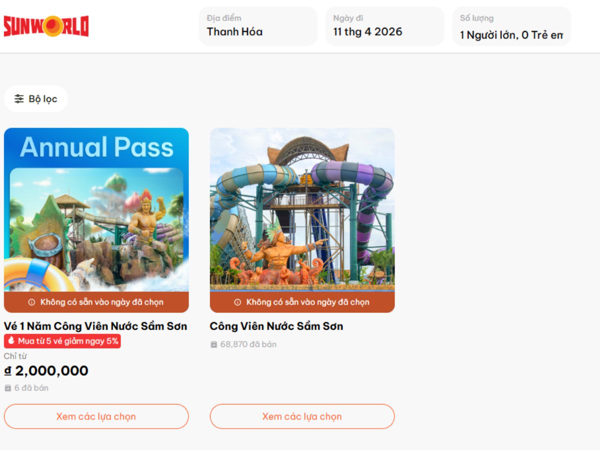 Du khách mua vé Sam Son online trên website hoặc ứng dụng chính thức của Sun World.