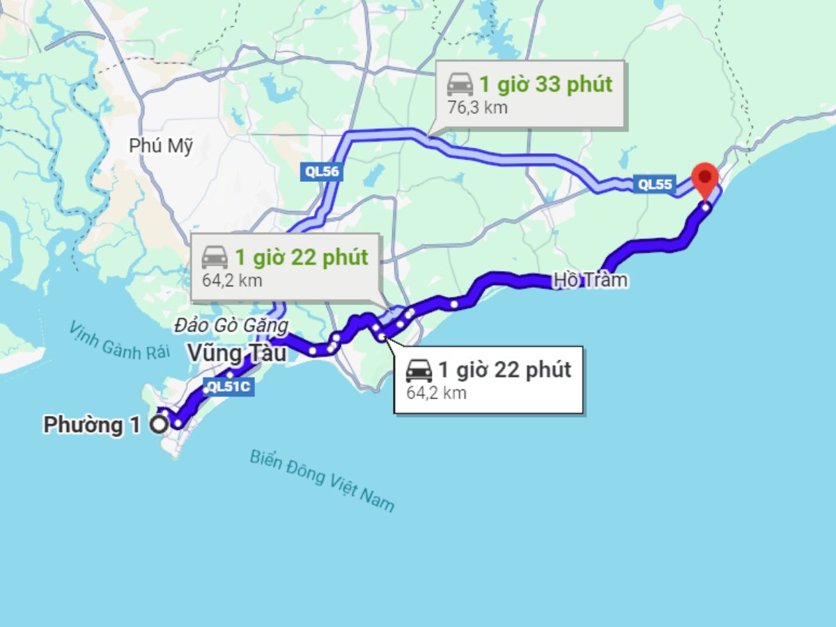 Từ trung tâm Vũng Tàu đến Tropicana Park Hồ Tràm khoảng 60 km