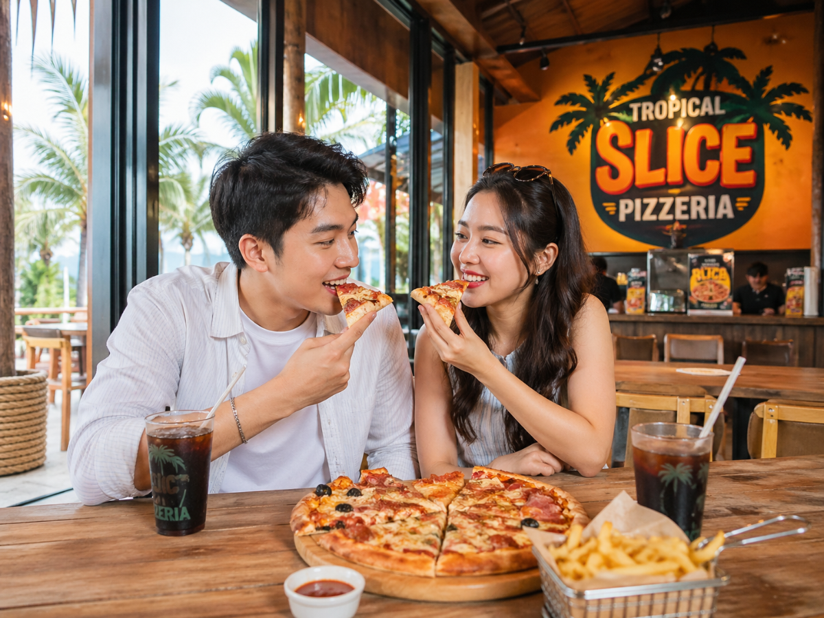 Cặp đôi thưởng thức pizza trong không gian ấm cúng tại Sun World Vũng Tàu, cùng nhau tận hưởng bữa ăn ngon.